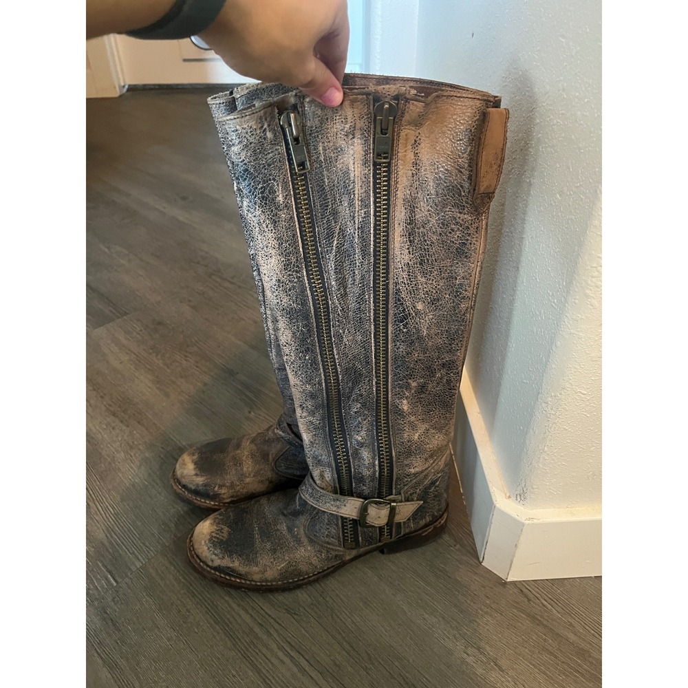 Bed Stu Cobbler Series Distressed Leather Tall Moto Boots Tan Black 8.5 US Zip